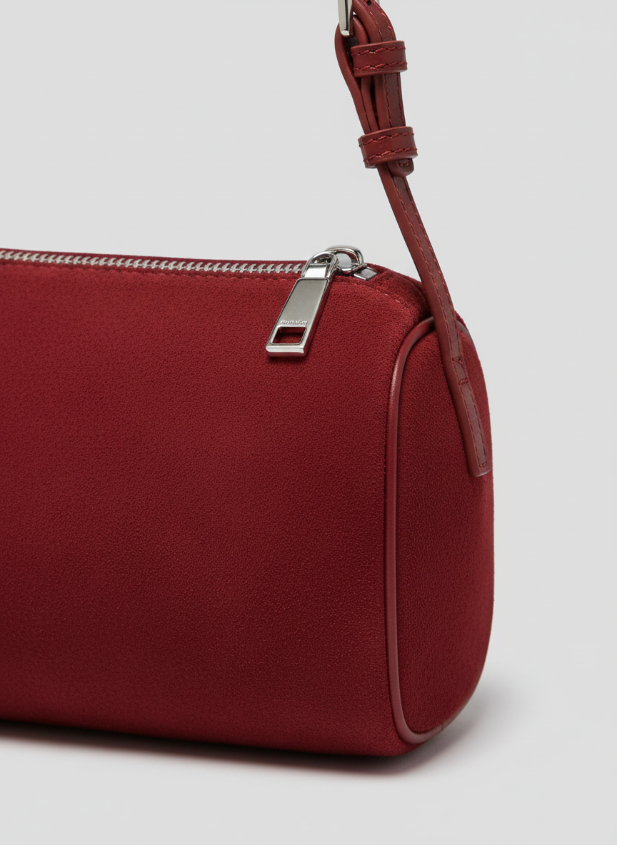 Valentina Roma barrel bag in red suede, close up of the zip and strap hardware