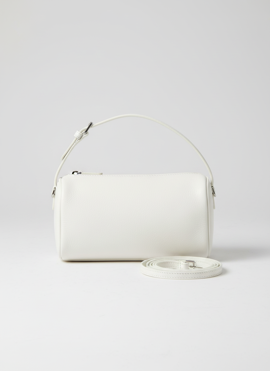 Valentina Roma barrel bag in white leather, back view with detachable strap