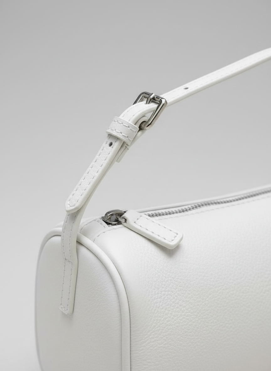 Valentina Roma barrel bag in white leather, close up of the zip and buckle