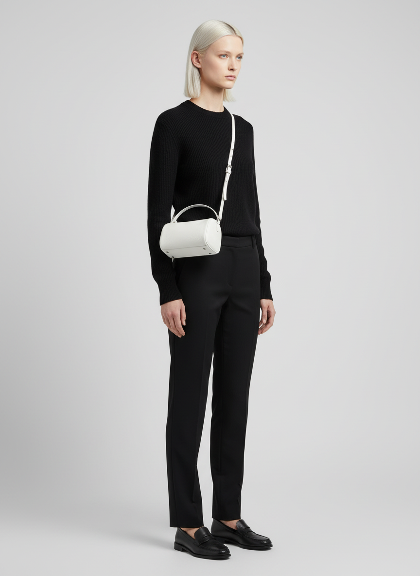 Model wearing the Valentina Roma barrel bag in white leather on the shoulder strap