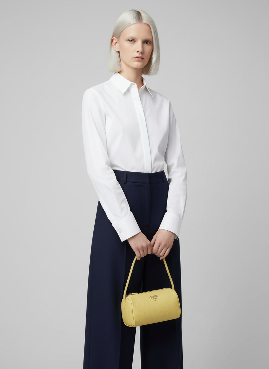 Model holding the Valentina Roma barrel bag in pale yellow leather by its top handle