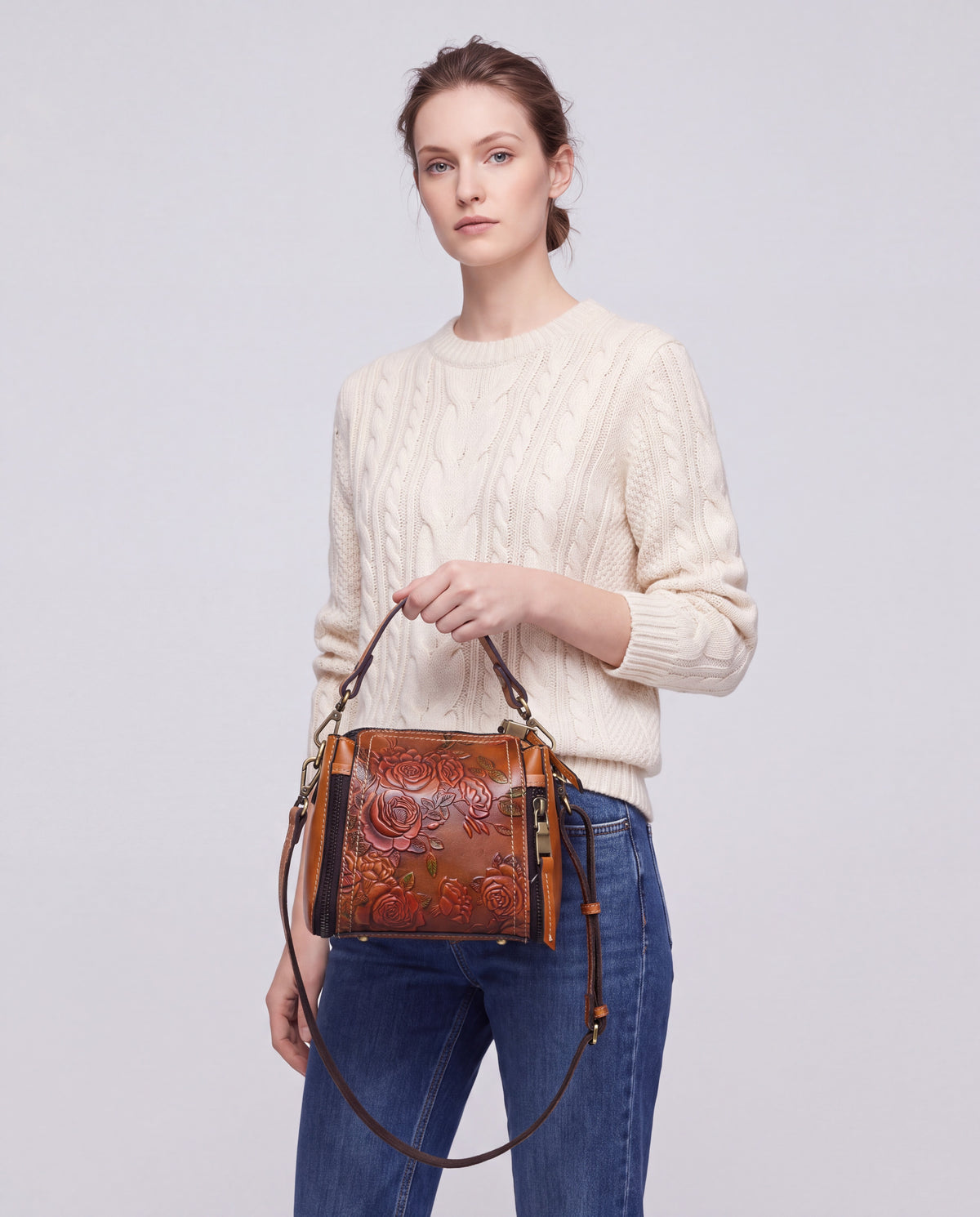 Legacy bag in Coffee – carried by model, close-up