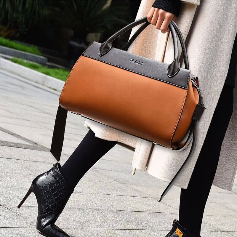 A brown leather handbag