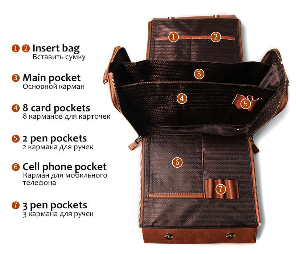 a brown crossbody bag showing built-in compartments 