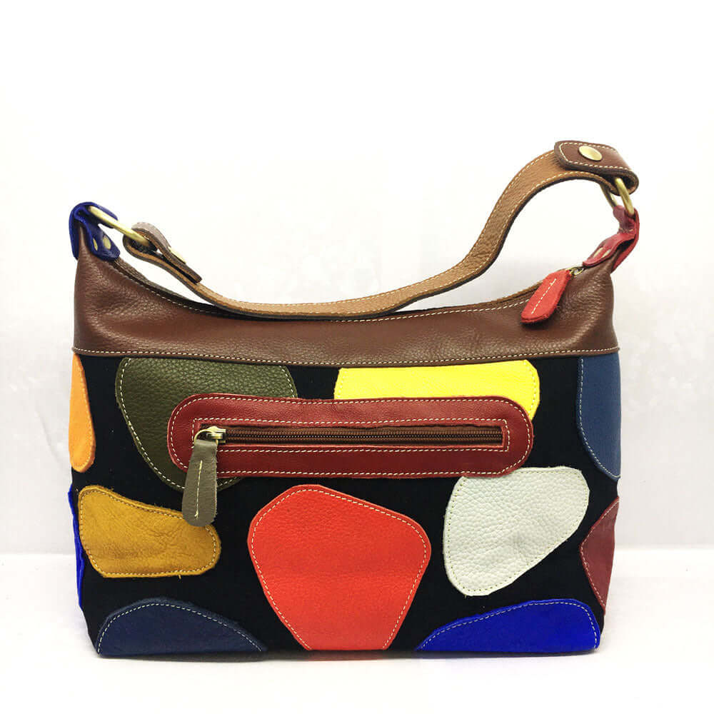 A multicolored geometric tote bag