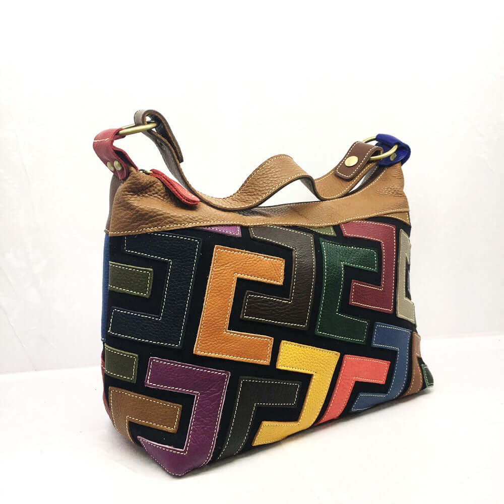 A multicolored geometric tote bag