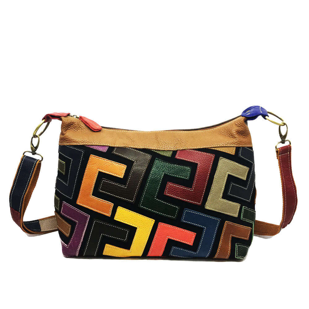 A multicolored geometric tote bag