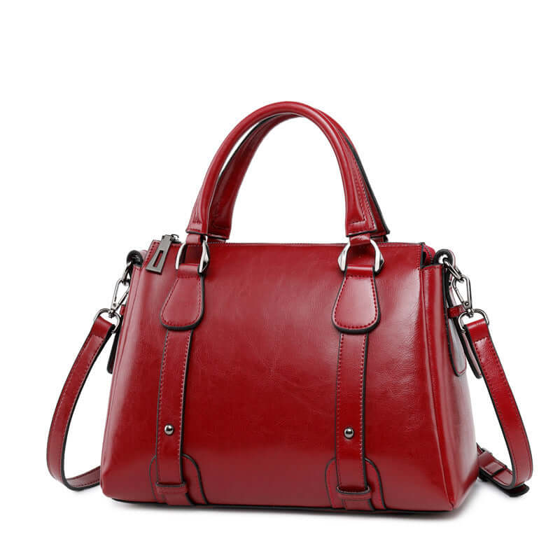 A red color leather handbag