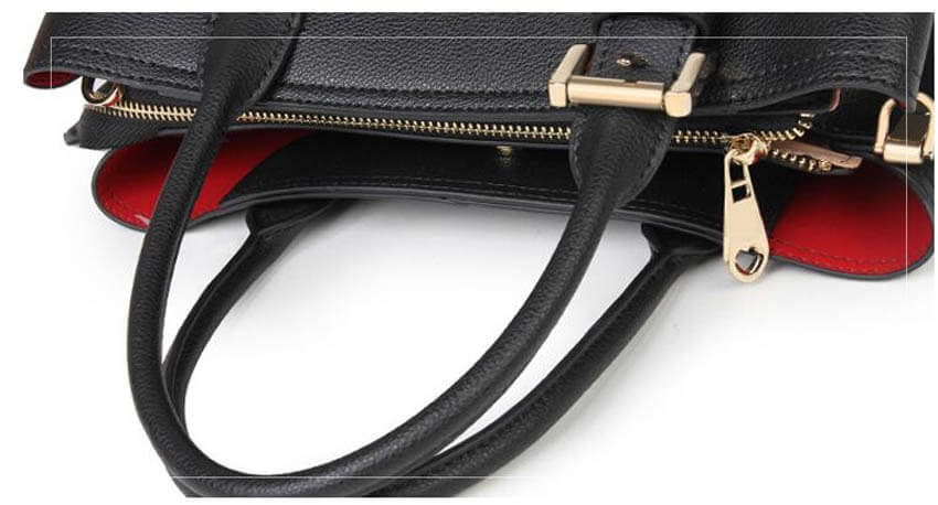 A black leather handbag