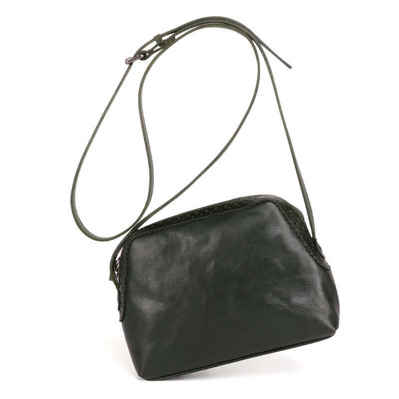 A green leather crossbody bag