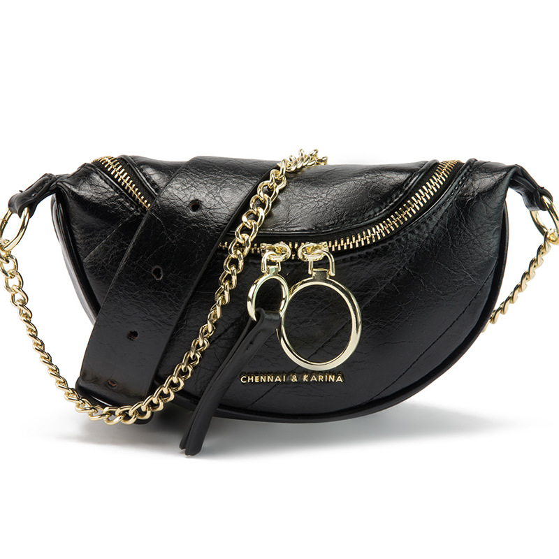 Luna black leather crescent-shaped bag with gold chain strap and O-ring charm, front view on white background - Valentina