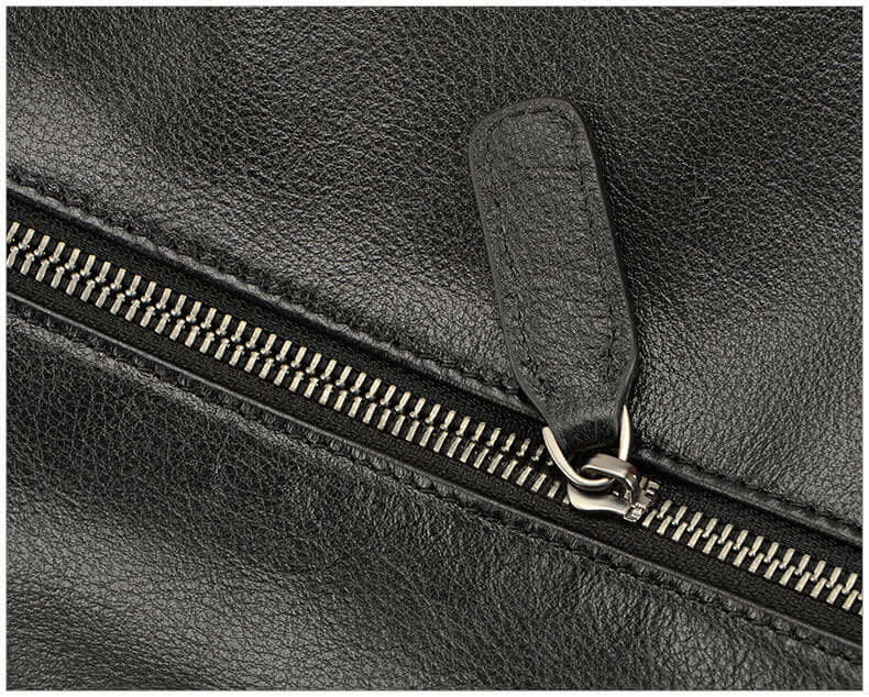 A black leather tote bag zipper