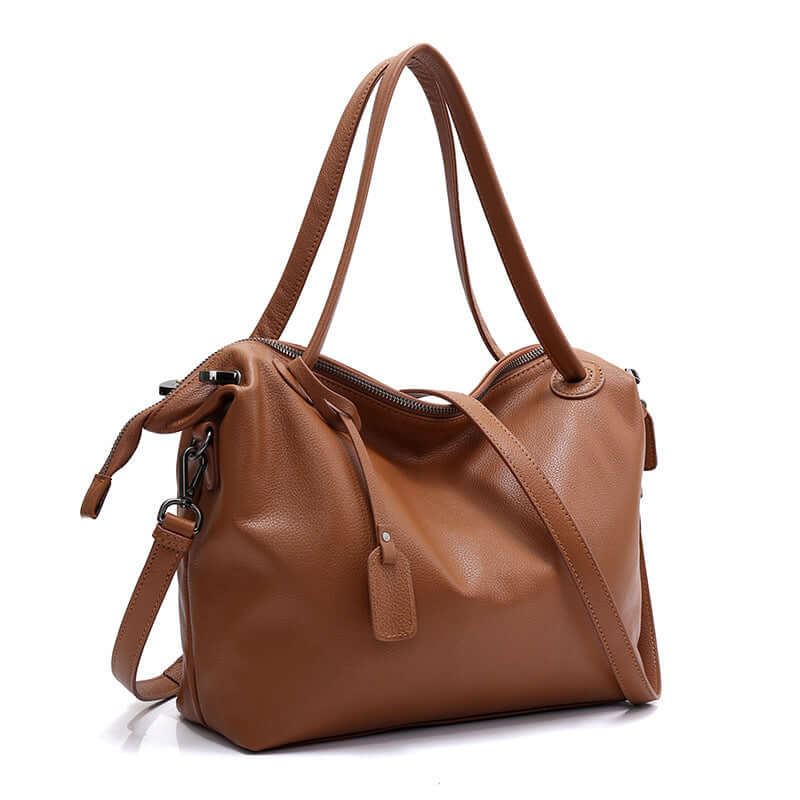 A brown leather tote bag