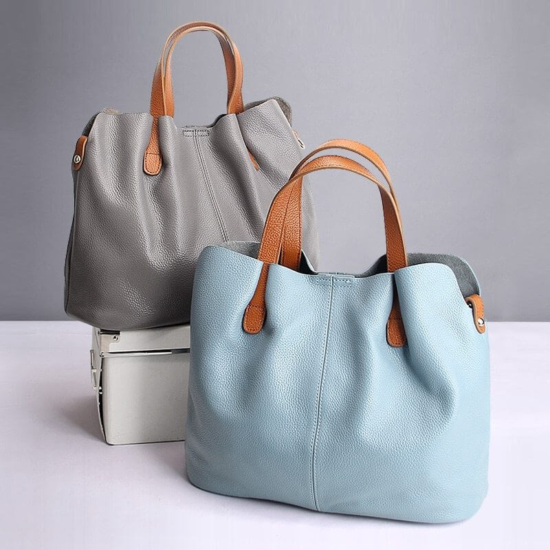 Grey and blue Leather Tote Bags