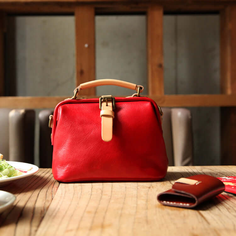 Red leather handbag