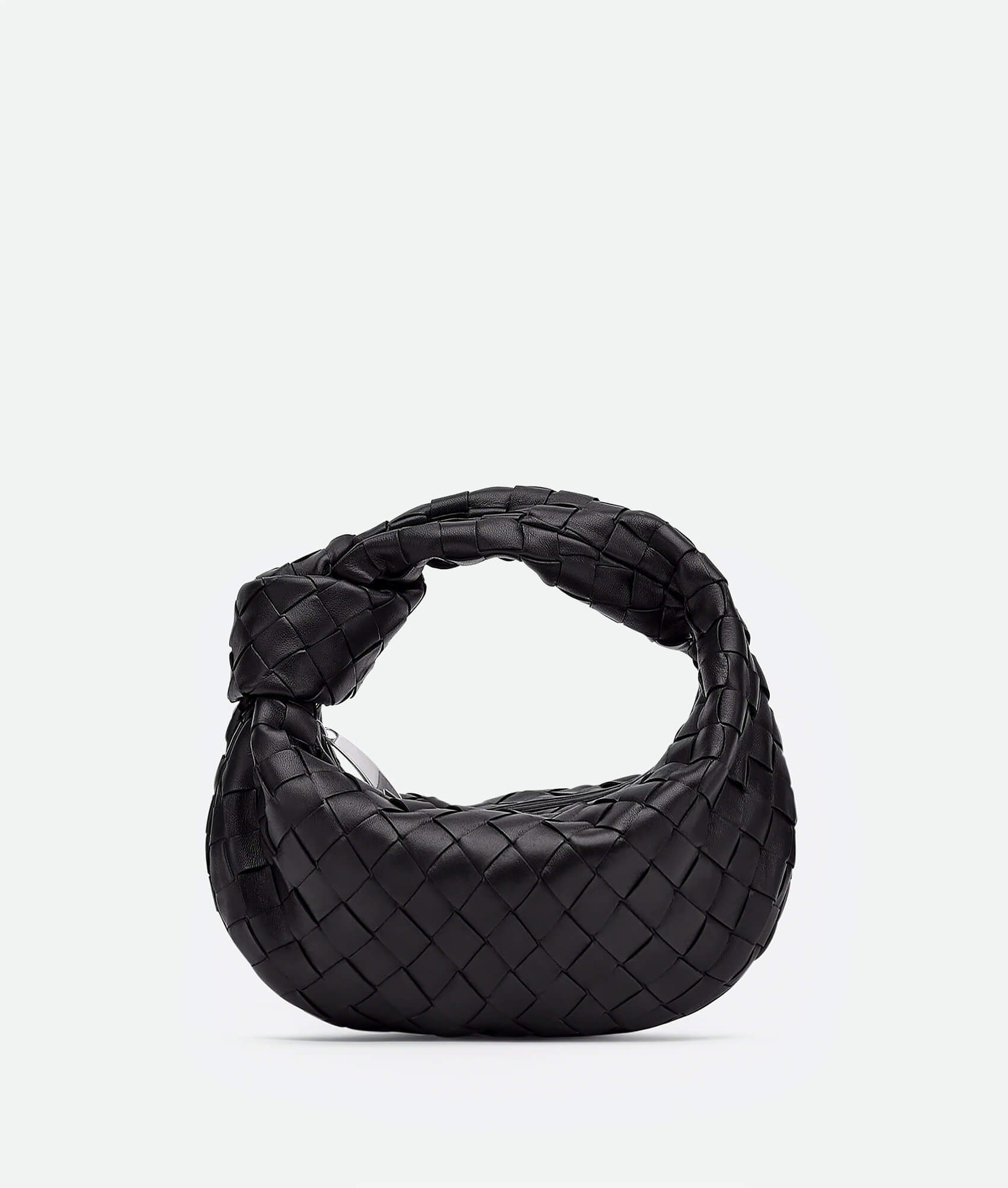 A black woven handbag inspired by the Bottega Mini Jodie design, featuring a compact and rounded shape.