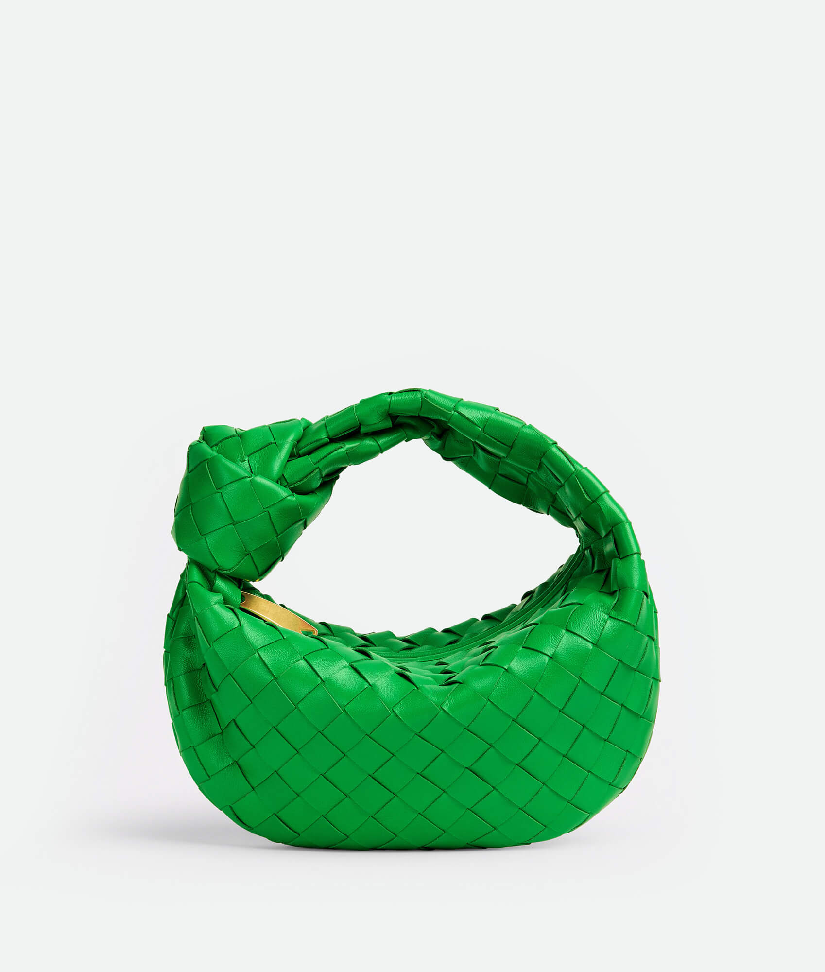 A green woven handbag inspired by the Bottega Mini Jodie design, featuring a compact and rounded shape.