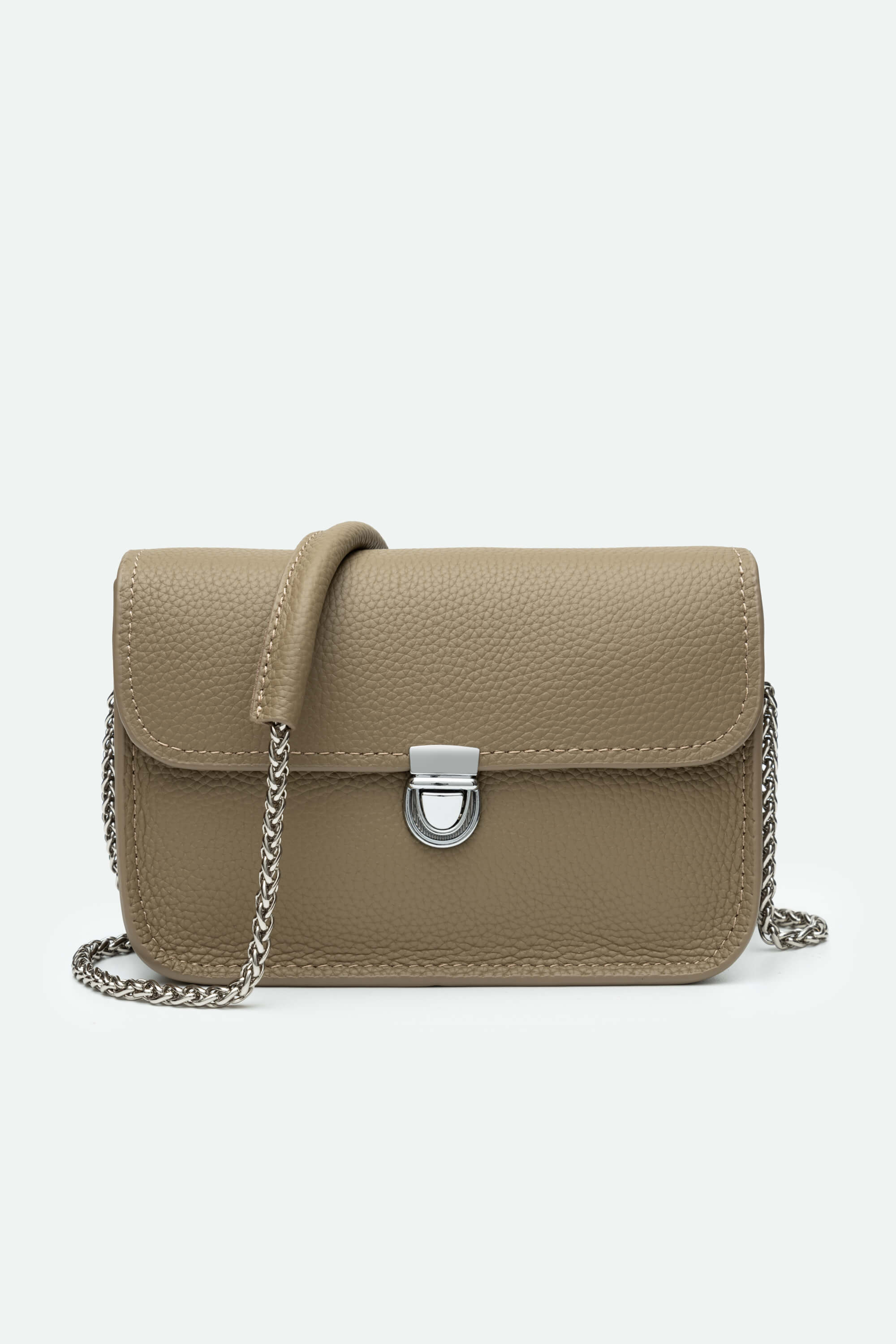 Beige handbag with a chain detail on a white background