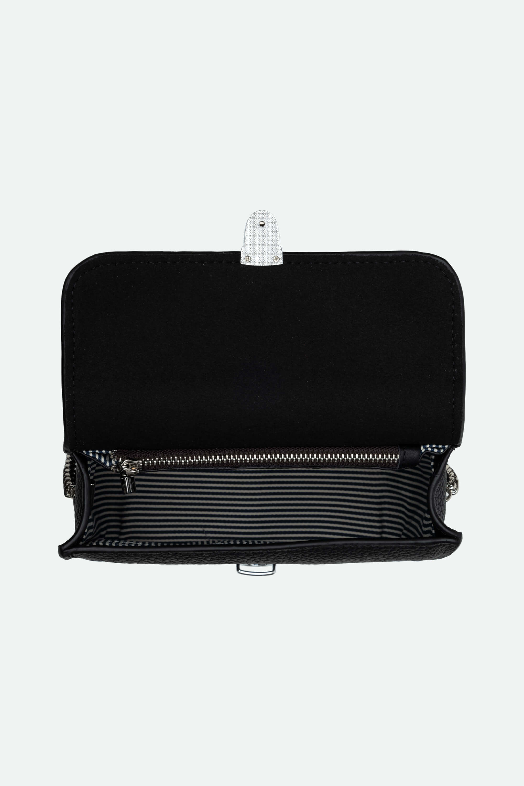 Black handbag with a clear plastic cover on a white background