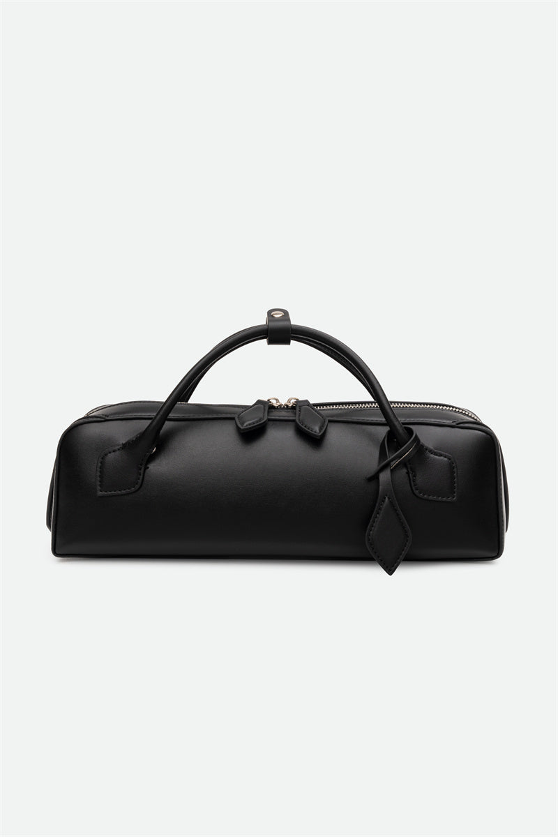 Black leather handbag on a white background