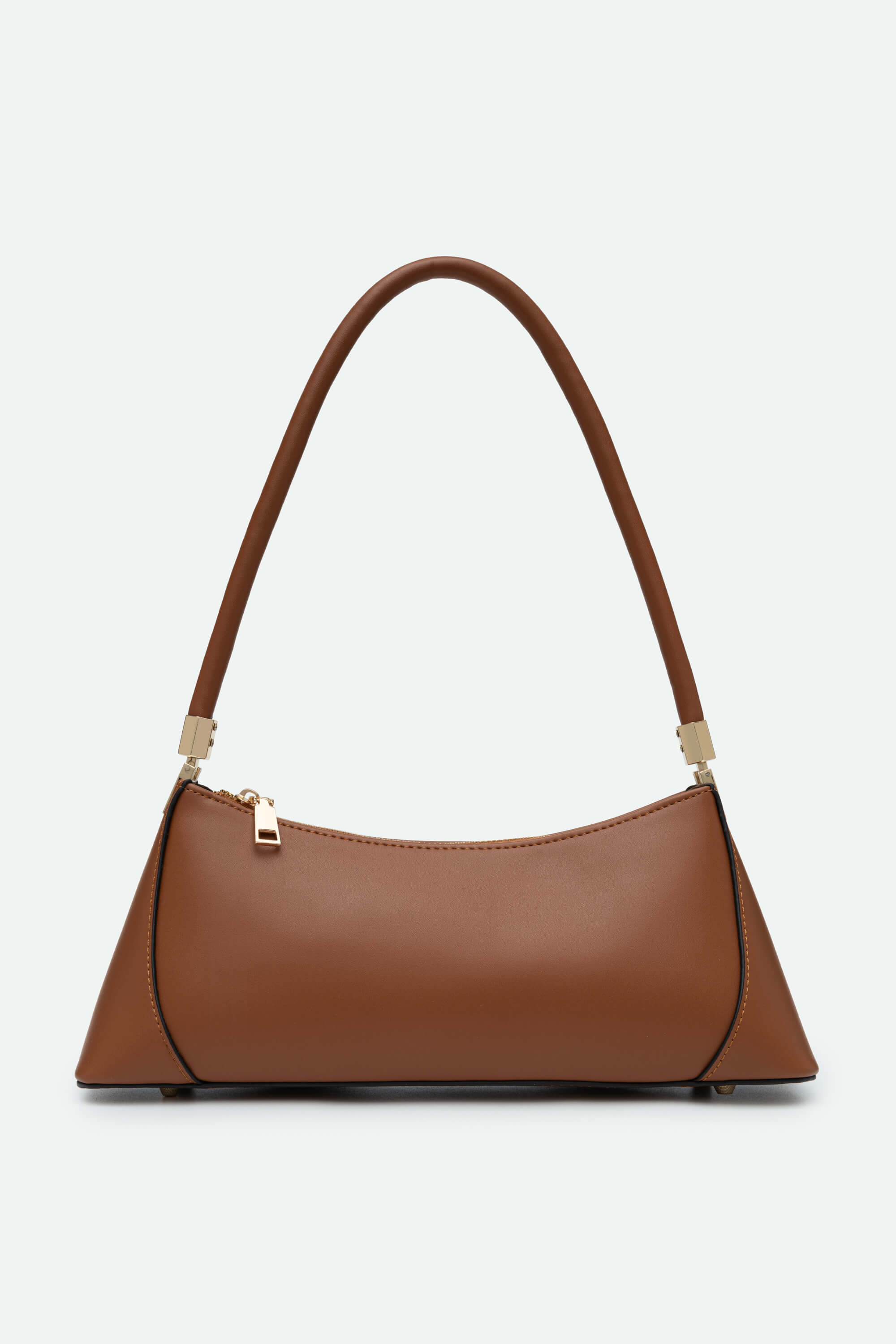 Brown handbag with a gold zipper on a white background