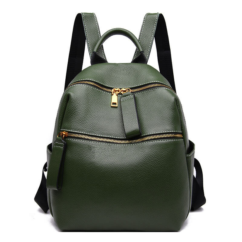 Green leather backpack with gold-tone hardware, featuring a front zipper pocket and adjustable straps.