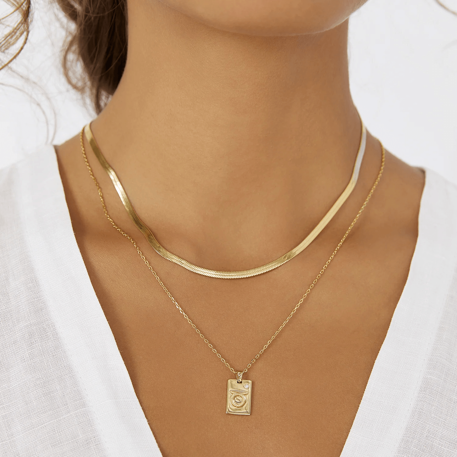 Model Wearing Zodiac Gold Tag Necklace