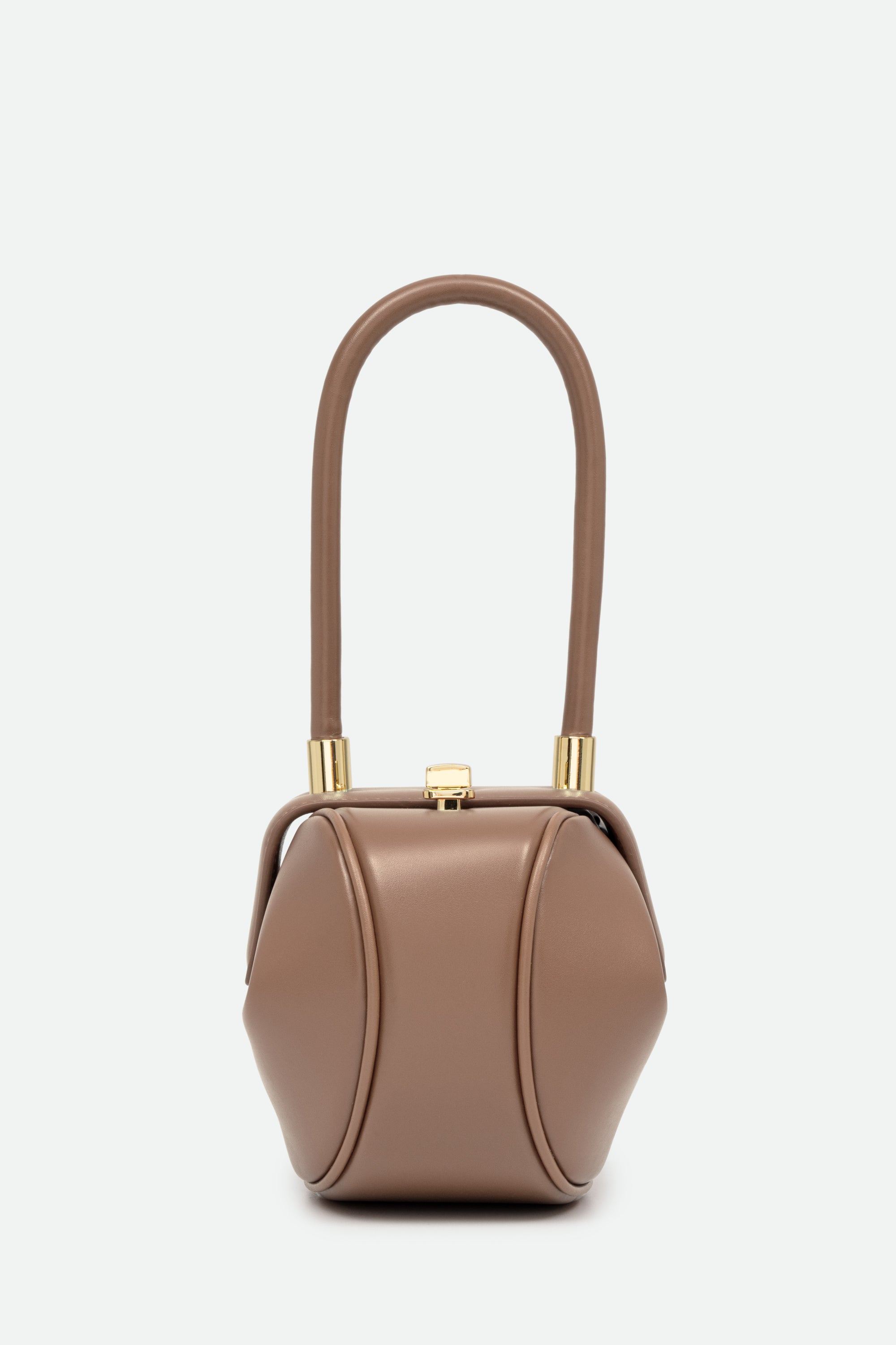 Brown handbag with gold accents on a white background
