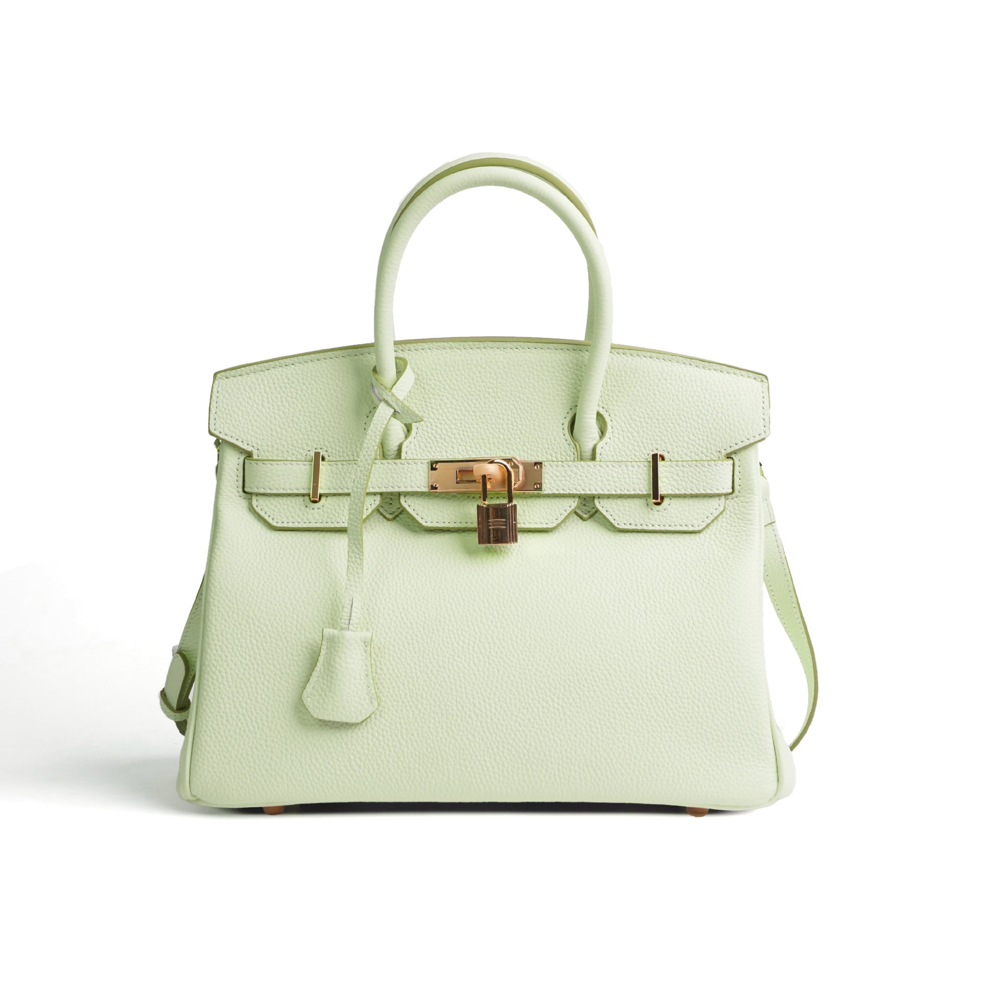Light green handbag with gold hardware on a white background