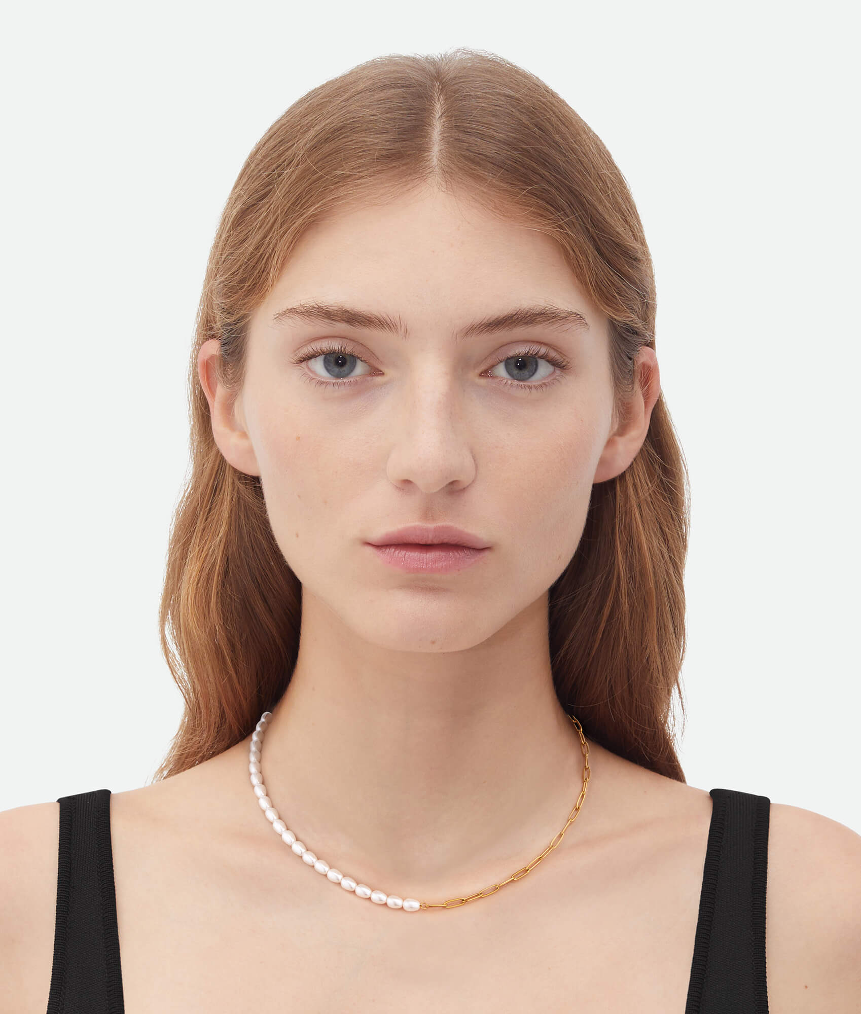 Gold Pearl and Chain Necklace On Model