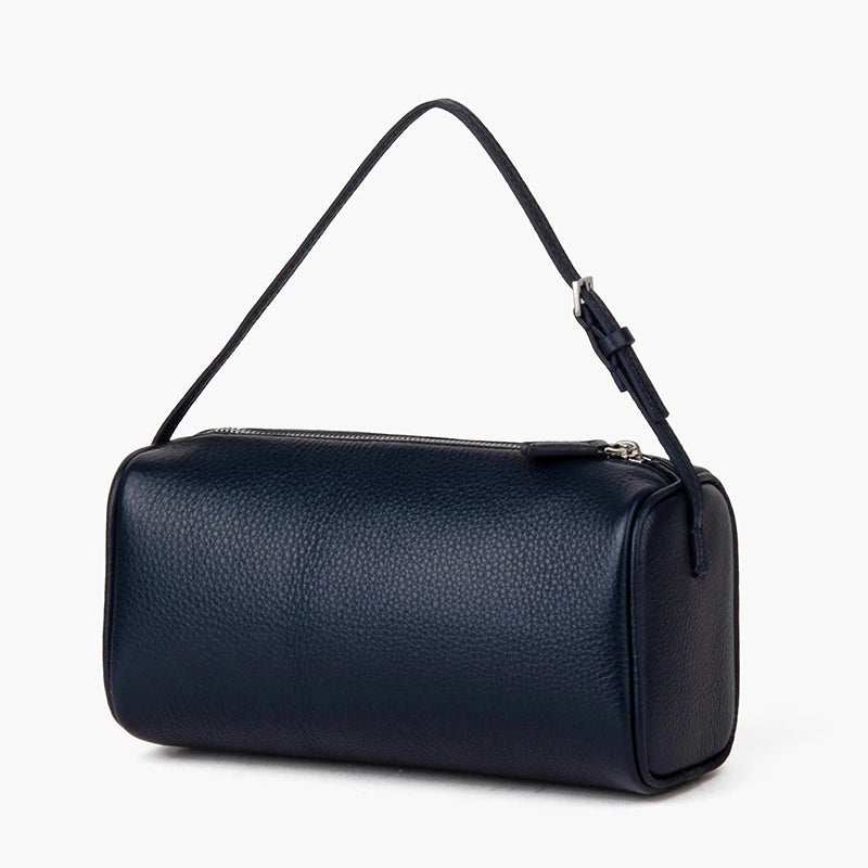 Valentina Roll mini leather barrel bag in Navy