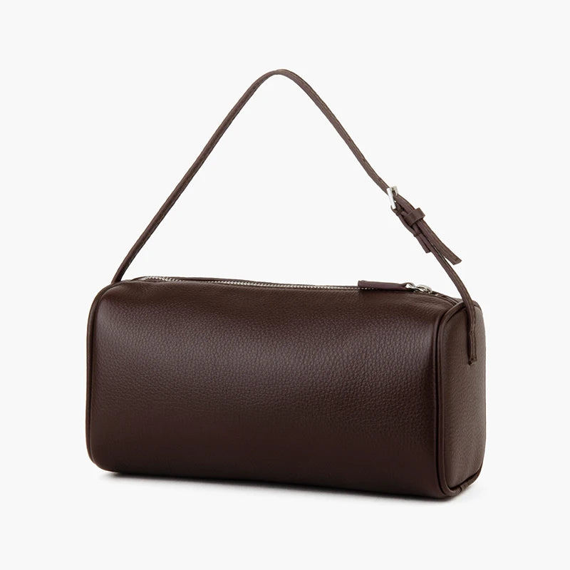 Valentina Roll mini leather barrel bag in Espresso