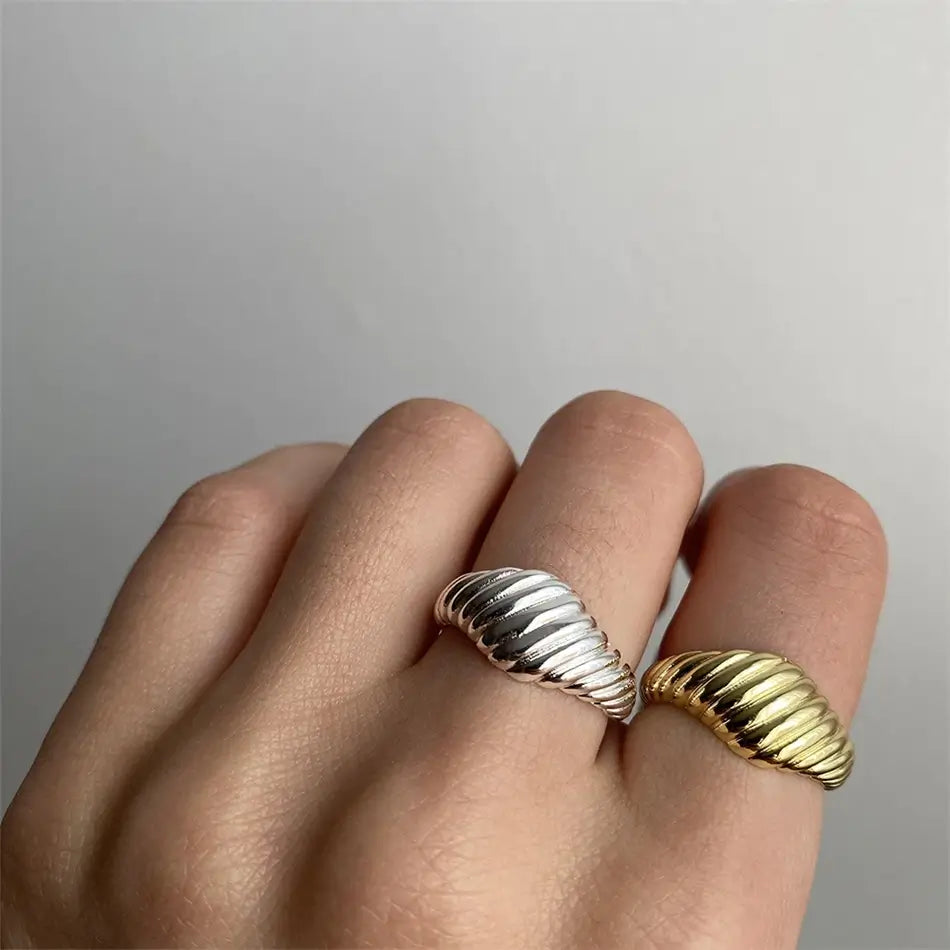 Model wearing Croissant ring silver and gold