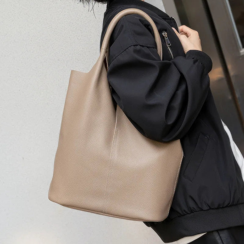 Valentina Marea bucket bag in Denim, worn