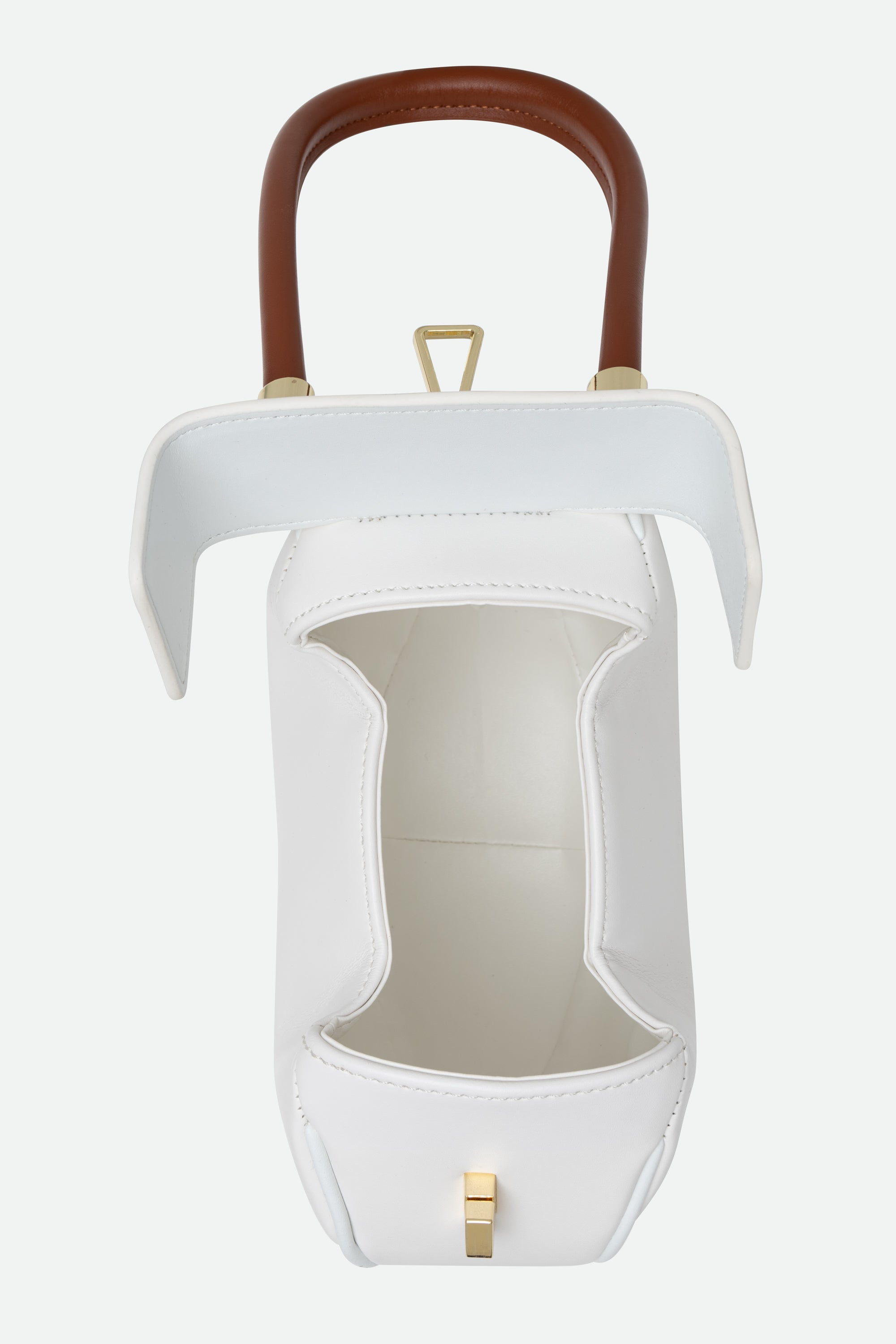White handbag with a brown handle on a white background