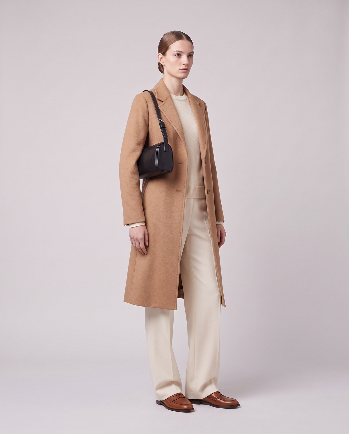 Model carrying the Alba barrel shoulder bag in Black leather on the shoulder