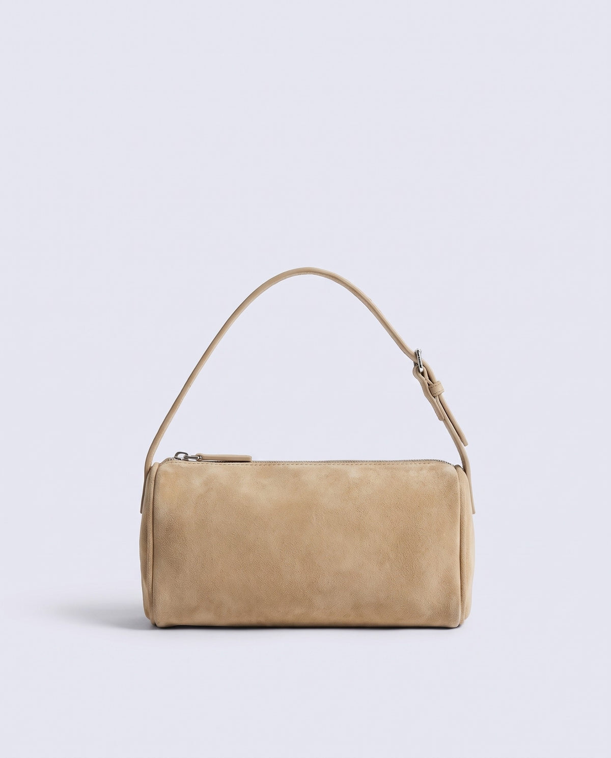 Alba barrel shoulder bag in Beige suede – front view