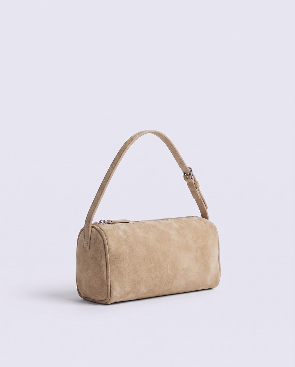 Alba barrel shoulder bag in Beige suede – three-quarter view