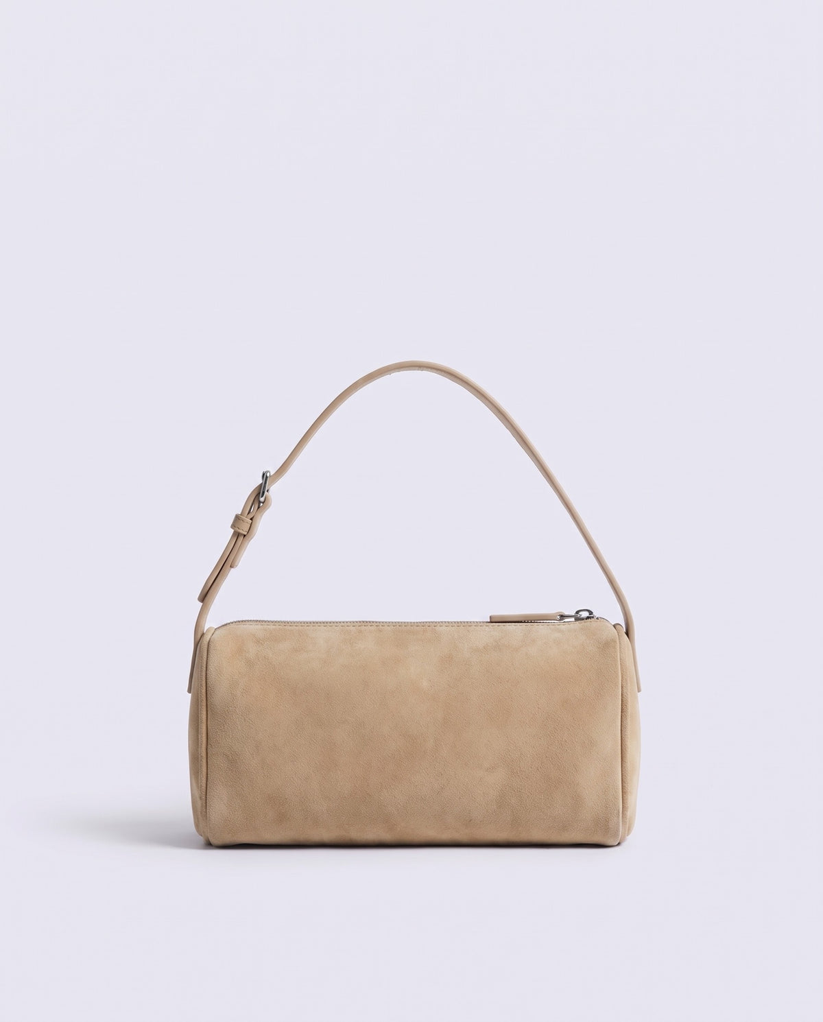 Alba barrel shoulder bag in Beige suede – back view