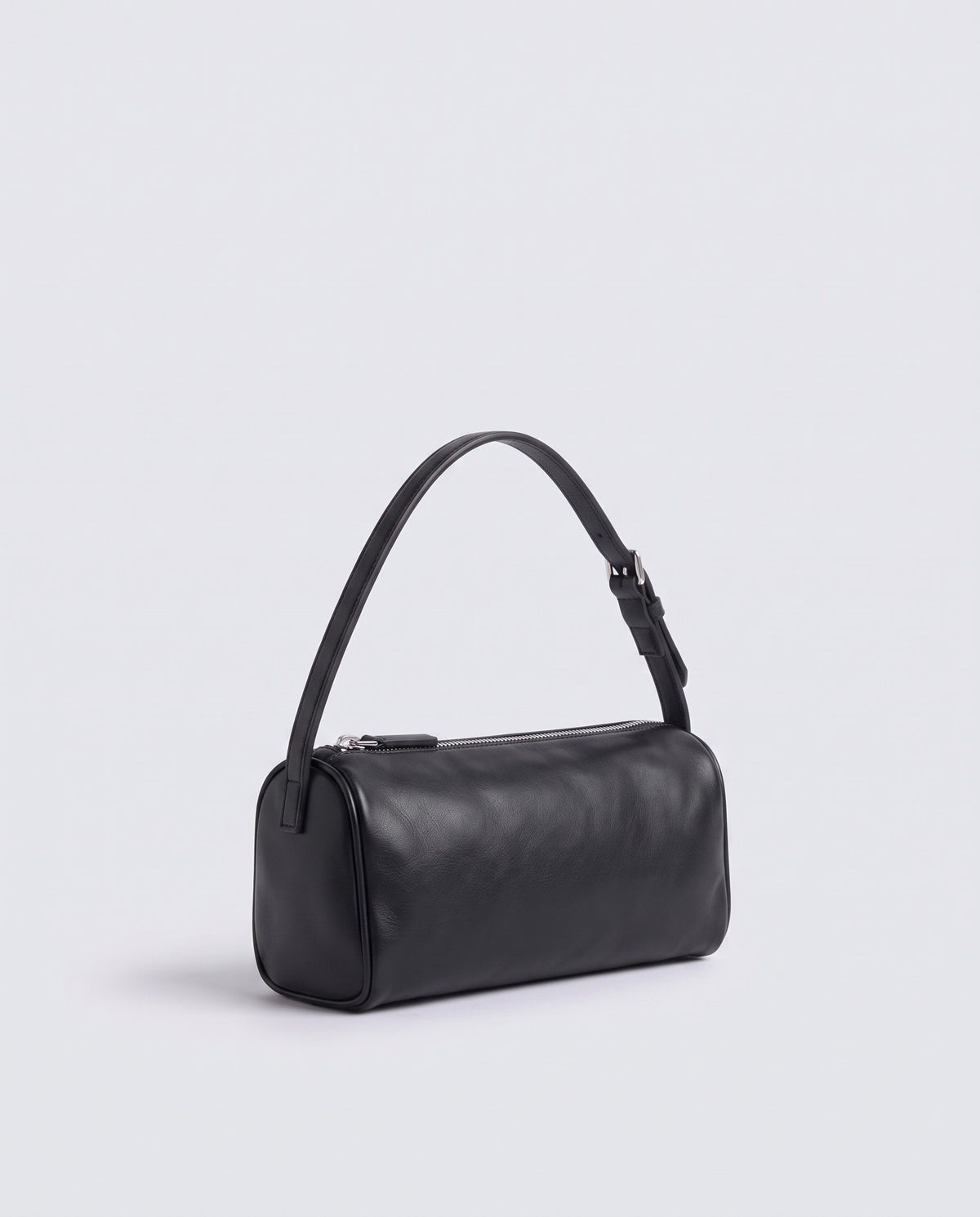 Alba barrel shoulder bag in Black leather – three-quarter view