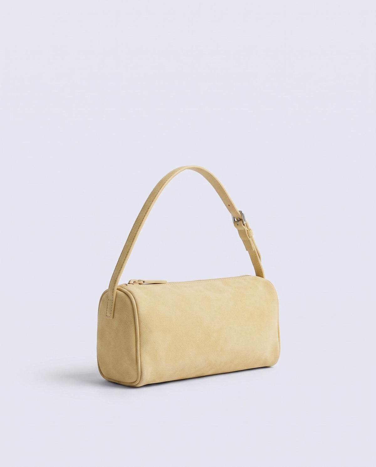 Alba barrel shoulder bag in Butter suede – three-quarter view