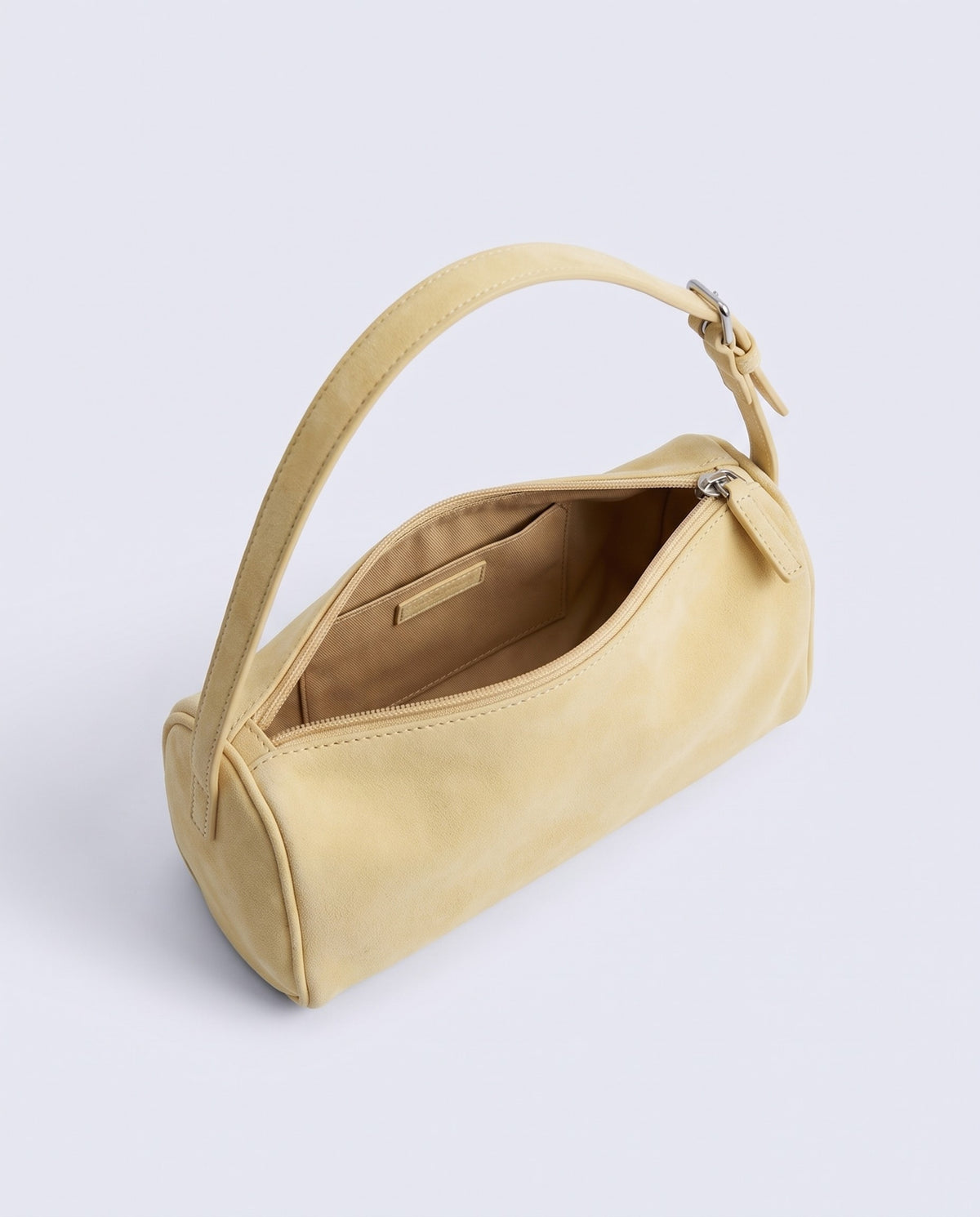 Alba barrel shoulder bag in Butter suede – inside view