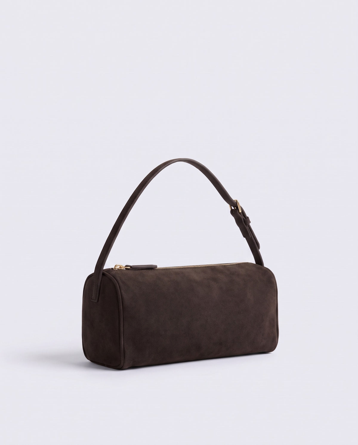 Alba barrel shoulder bag in Espresso suede – three-quarter view