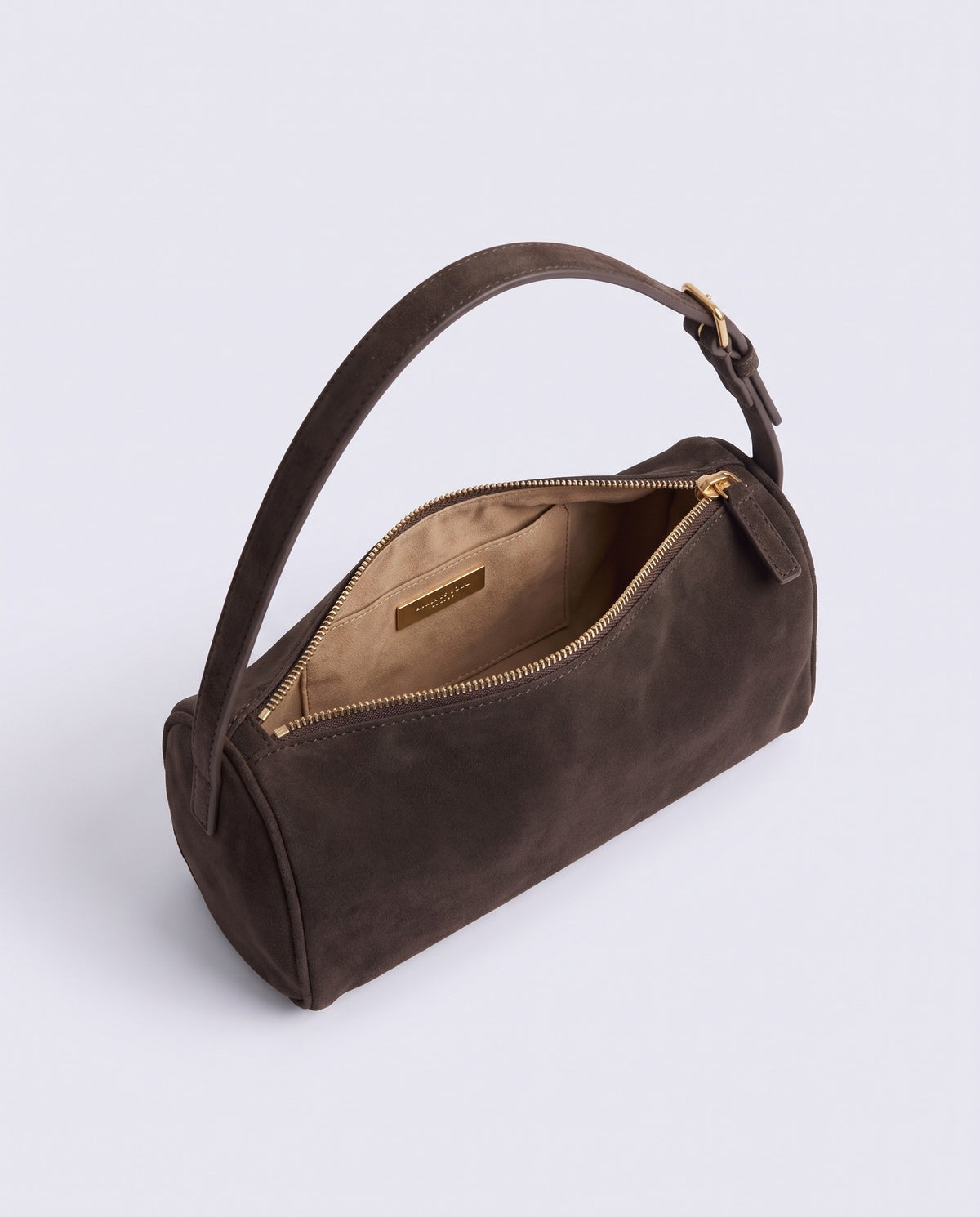 Alba barrel shoulder bag in Espresso suede – inside view