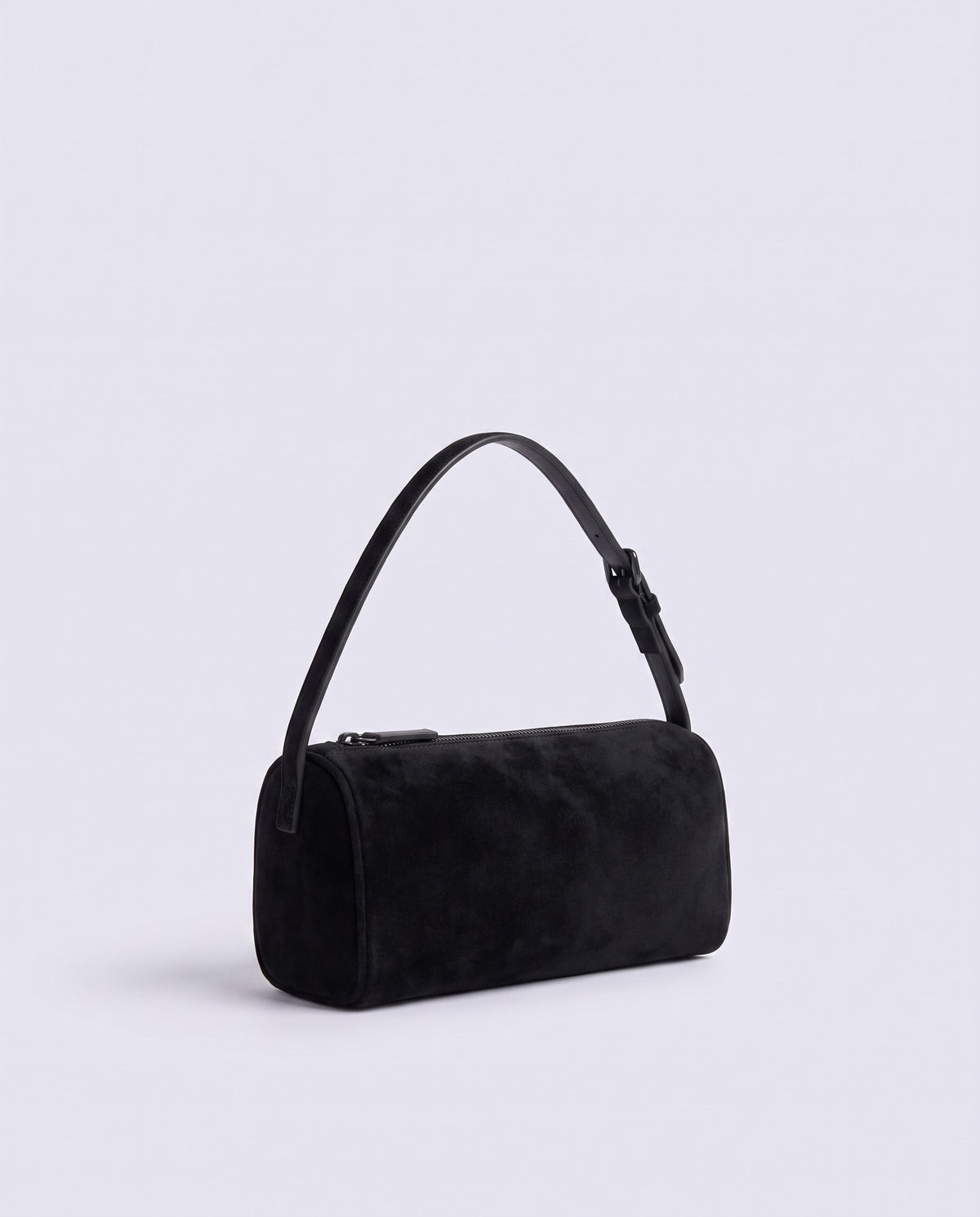 Alba barrel shoulder bag in Onyx black suede – three-quarter view