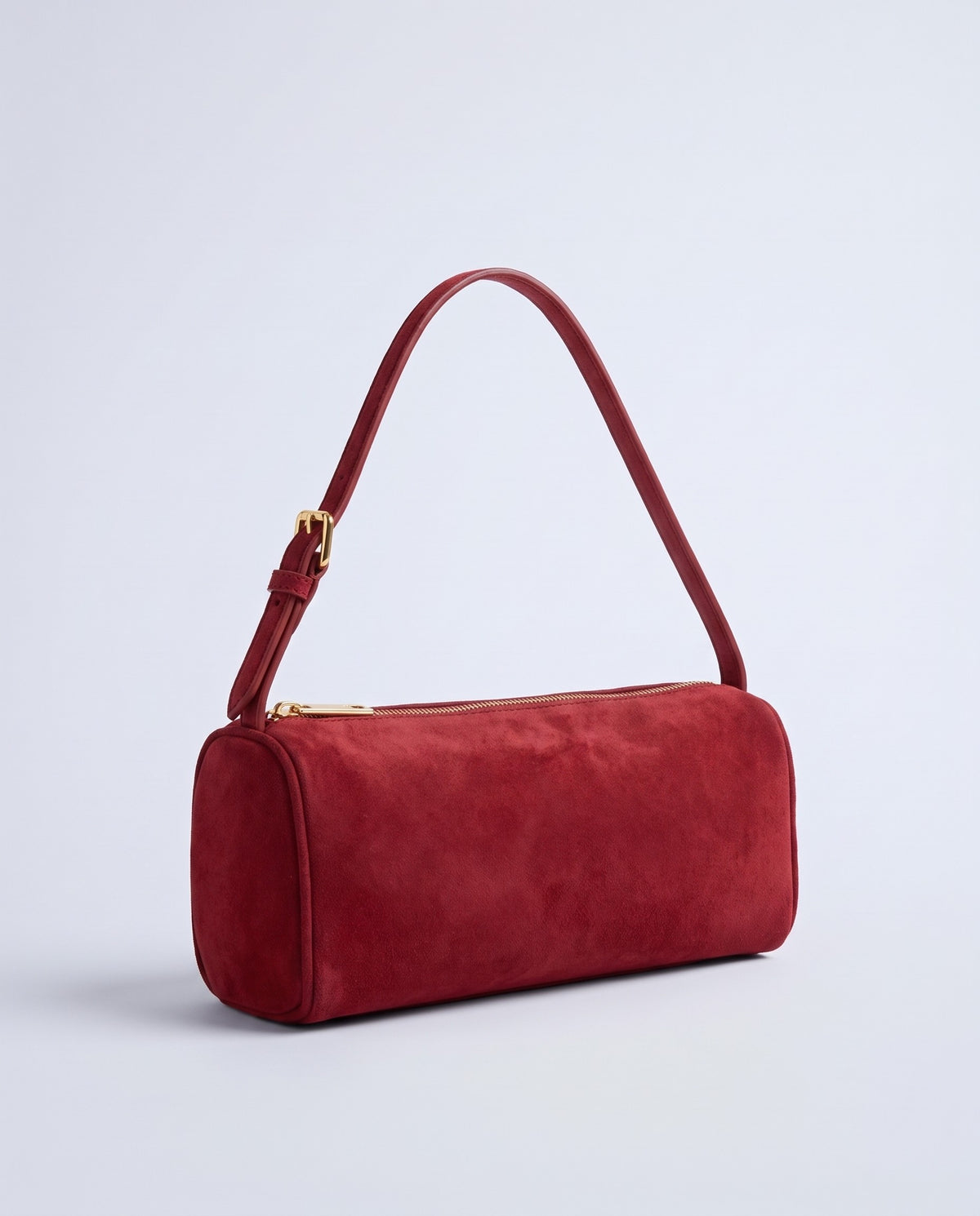 Alba barrel shoulder bag in Red suede – three-quarter view