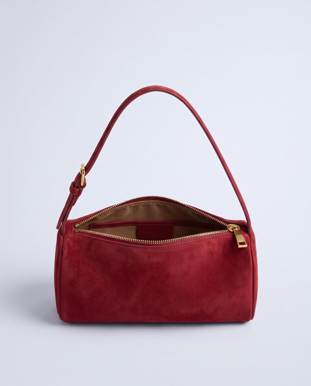 Alba barrel shoulder bag in Red suede – inside view