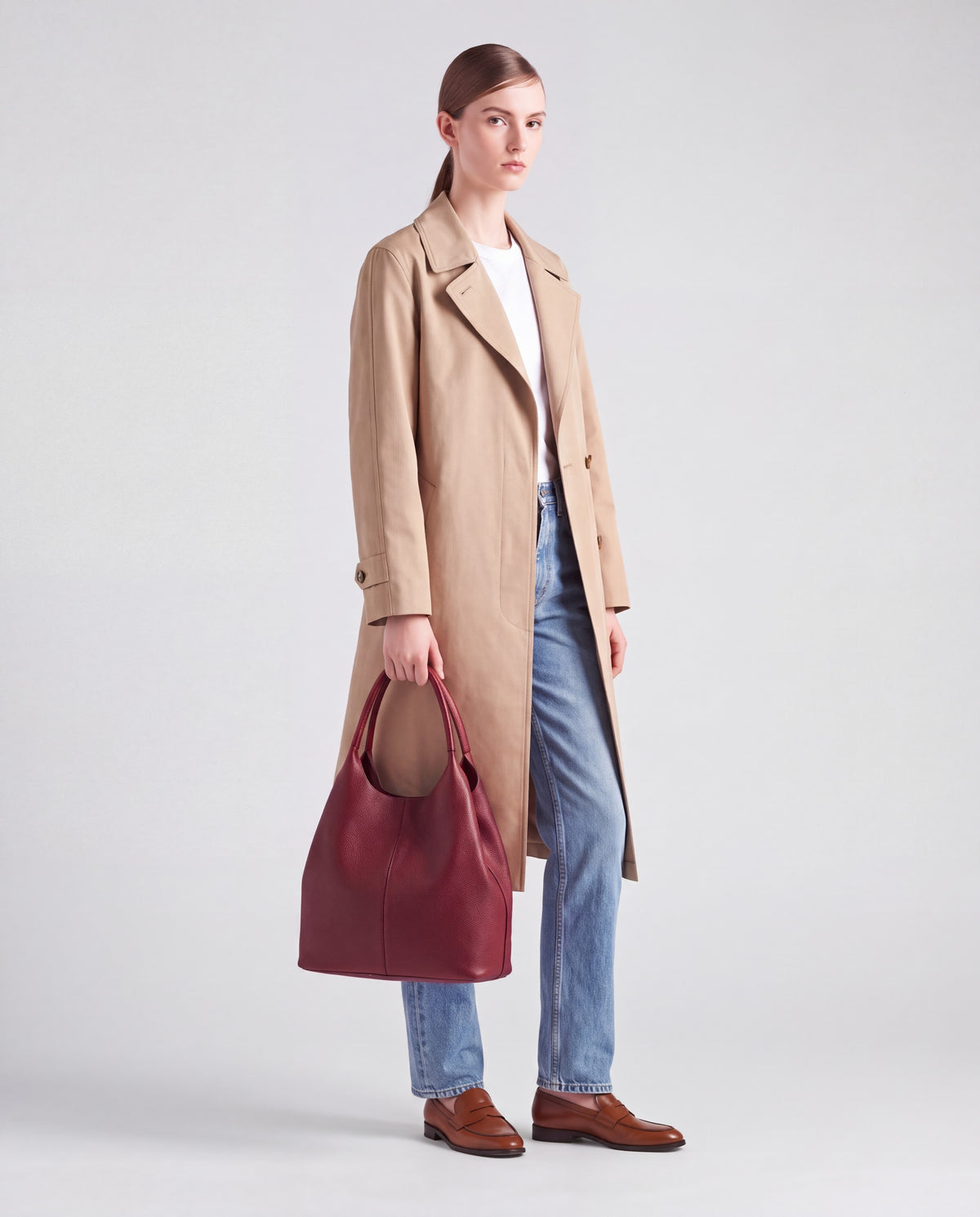 Arco bag in Burgundy – worn by model, full length