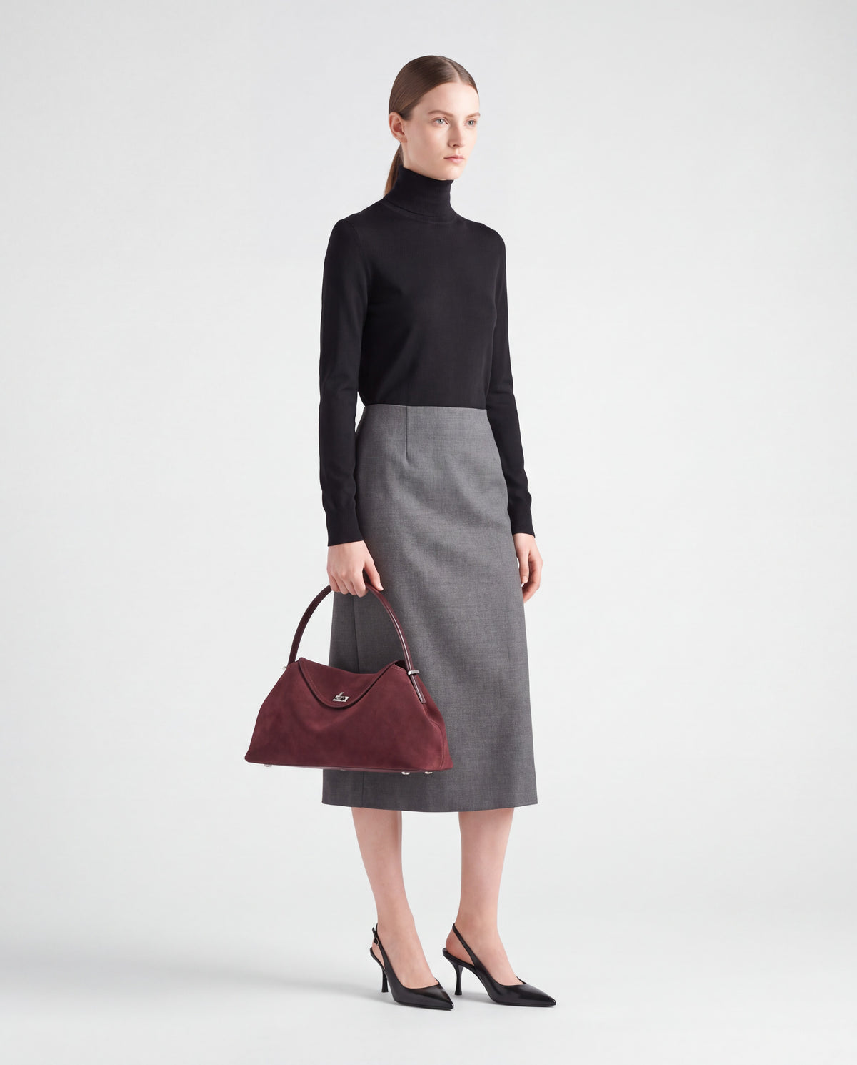 Bowler bag in Burgundy – worn by model, full length