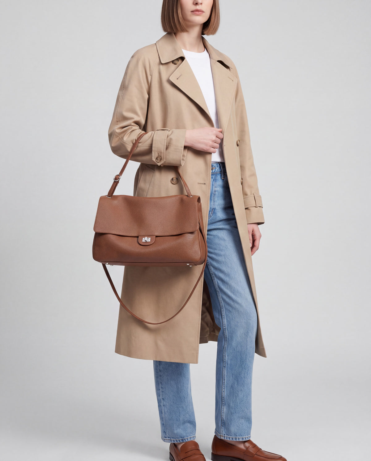 Brio Large bag in Brown – worn by model, close-up